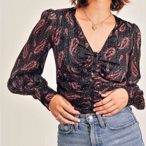 RESET by Jane Dominique Metallic Sheer Blouse NWT Medium Cinched Front
